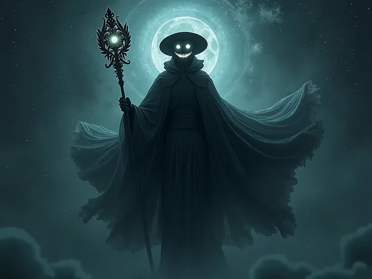 a godly, man like creature, floating, all dark, smiling with glowing white eyes and teeth, wearing an round hat and a dark coat, holding a dark handstick, floating in space, with stars behind him, no moon, dark mist around him, meanecing, humanoid, perfect...