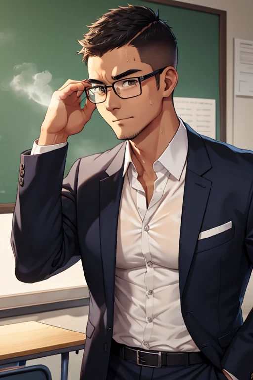 Muscular male teacher in suit wearing glasses in his 30s、crew cut、Sweaty and steaming 、Moist air、Im tanned and my skin is pale、 Im looking at this