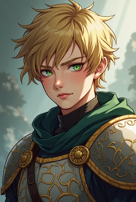  20-year-old ,  male gender,  slim build , light skin, short wavy and golden-blond hair, Jade colored eyes,  long eyelashes , medieval armor, Manhwa style