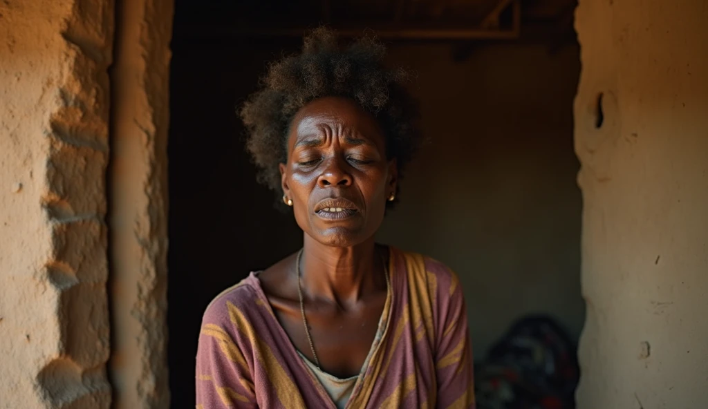 Créer limage dune femme africaine de 30 ans dans la maison du village qui parle en pleurant.