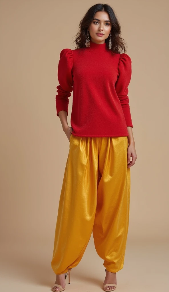 A tall and striking woman exudes confidence and charm with a flirtatious expression, showcasing her bold and graceful presence. She is dressed in a beautiful Punjabi-style slim-fit outfit, featuring a red fleece fabric sweater that gleams with subtle elega...