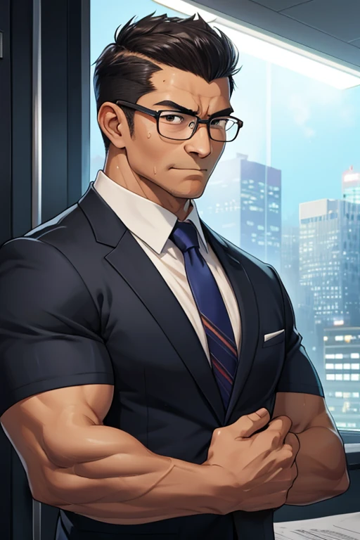 A muscular man in his 40s in a suit wearing glasses、 night office 、crew cut、Sweaty and steaming 、Moist air、Im tanned and my skin is pale、 Im looking at this