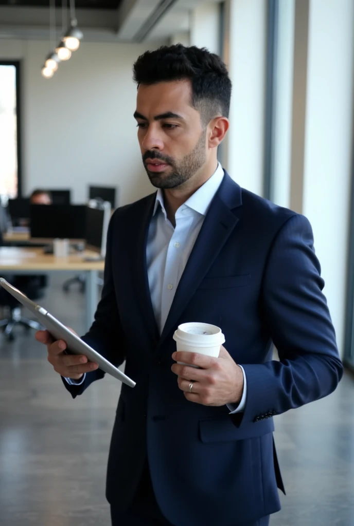 ((score_9, score_8_up, score_7_up, score_6_up)). Pivalora1, a 26-year-old man with short black hair in a military skinhead cut, bright brown eyes, is in a working pose, holding a tablet in one hand and a coffee in the other. He is dressed in a dark blue ex...