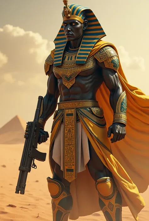 A powerful Egyptian soldier with a pharaonic head and a machine gun