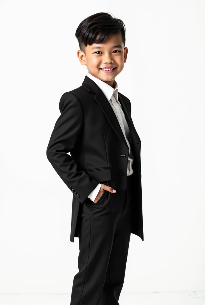 boy with a beautiful smile and standing with a stylish pose wearing black dress and white background
