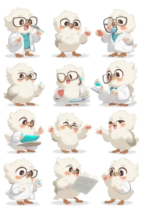 An anthropomorphic light-colored owl anesthesiologist named Som, maintaining its signature wise and professional personality. Som has soft feathers, expressive eyes, and small glasses perched on its beak, wearing a white lab coat and a stethoscope. The cha...