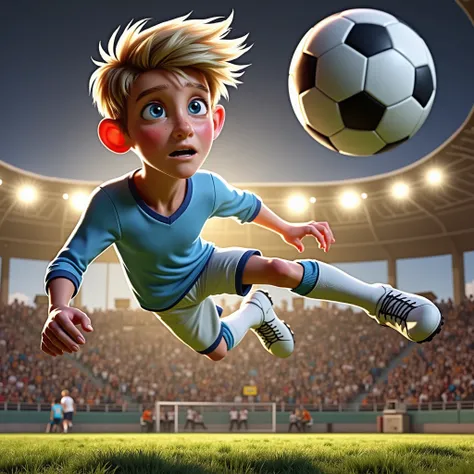 pixar artstye, view from afar, dynamic view, boy in the air hitting soccer, tall teenage boy, blonde hair, blue eyes, tired view, sweaty head, tired look, tired eyes,plain colour soccer suit, cyan plain colour sportsuit, white football boots and socs, foot...