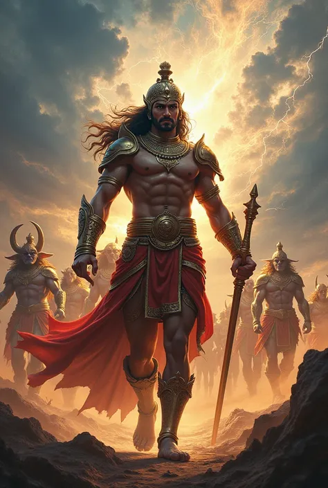 "Lord Kartikeya as a brave warrior, dressed in royal armor, leading a celestial army into battle. The sky is filled with lightning and divine energy, and he is shown defeating a fierce demon with his divine weapon."
