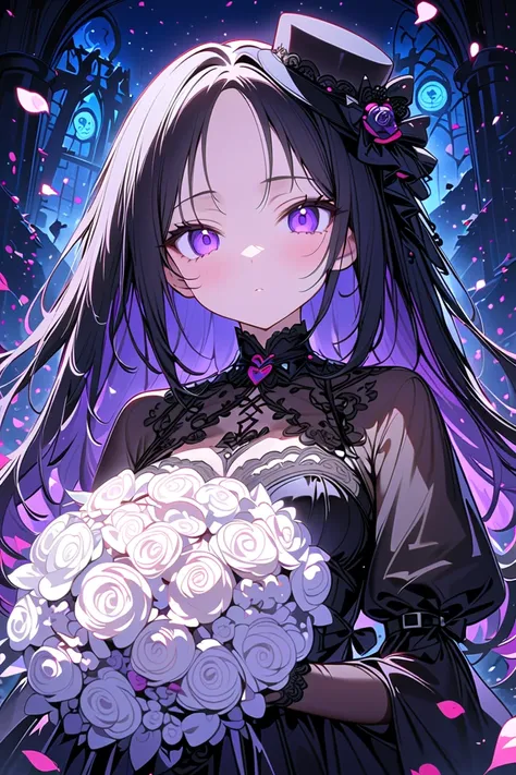 1 ,,Face not visible, black gothic dress ,black hat,white bouquet,(holding white bouquet),standing,forehead,( black petals flying in profusion), Petal Rain ,Many petals,innumerable petals , large amount of petals ,night, dark costume ,Cursed Cemetery backg...