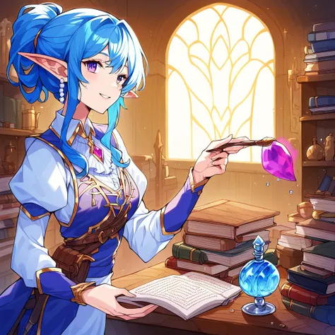 score_9, score_8_up, score_7_up, score_6_up, score_5_up, score_4_up, hires, masterpiece(1girl, cheerful elf, long straight blue hair, a half-up hairstyle with hairpins decorated with small shells and water droplets, gentle purple eyes, pearl earrings in he...