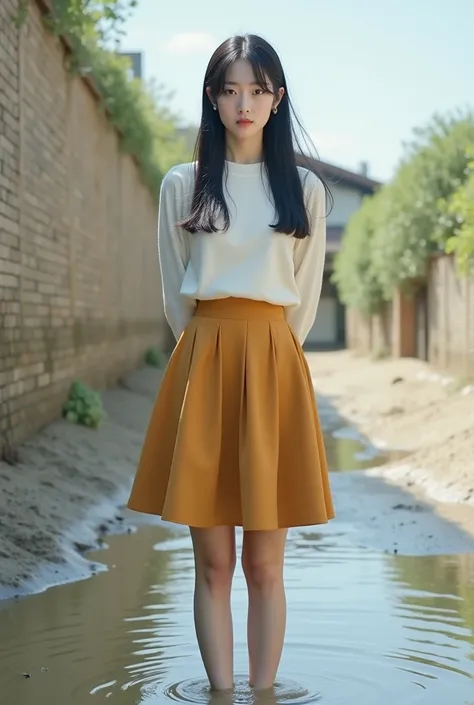  
( Super Detailed ) best quality, Full-body portrait of a 25-year-old girl, poker face, A beautiful lady, Asian, Japanese, straight long hair, black hair, Low height, Standing and the legs are immersed inside a muddy pool, Wearing a white sweater, Wearing...