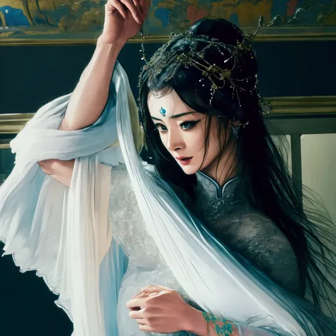 (best quality,4k,8k,highres,masterpiece:1.2),ultra-detailed, Chinese goddess Nüwa, Maternal, Beautiful, Strong, Supportive, drawn in the style of Yoshitaka Amano, HDR, 8k, absurdres, cinestill 800, sharp focus, (solo woman) (intricate detail)),(((realism))...