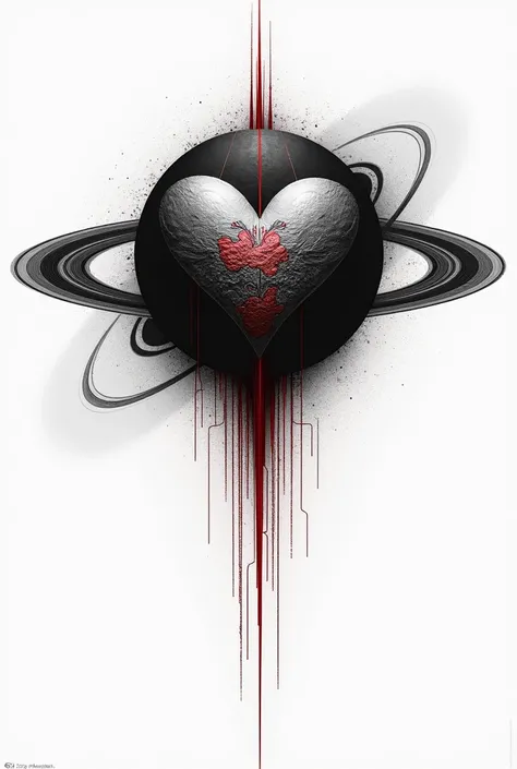 Planet Saturn and heart tattoo in black and white and intertwined red thread