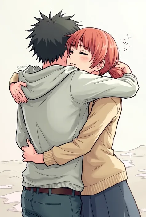 Two people hug each other emotionally in manga style, drawing from behind