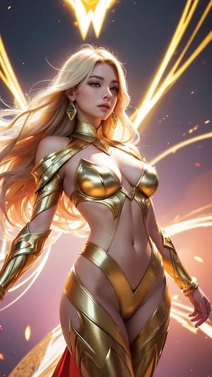 A radiant woman stands poised in opulent, futuristic armor, her blonde hair framing a serene yet powerful expression. Intricate golden plating covers her arms and torso, glowing pink lines tracing the contours of her figure with an otherworldly luminescenc...