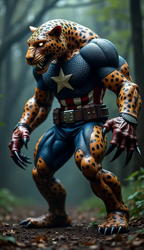 " A terrifying hybrid humanoid creature ,  result of the merger between Captain America and a giant jaguar.  The being has impressive musculature ,  with black and gold spots that blend with the blue ,  red and white of Captain Americas uniform .  His hand...