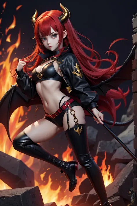 cute girl, satan, Red hair, Demon tail, Gold clothes, Black wings, baggy pants, star, Succubus