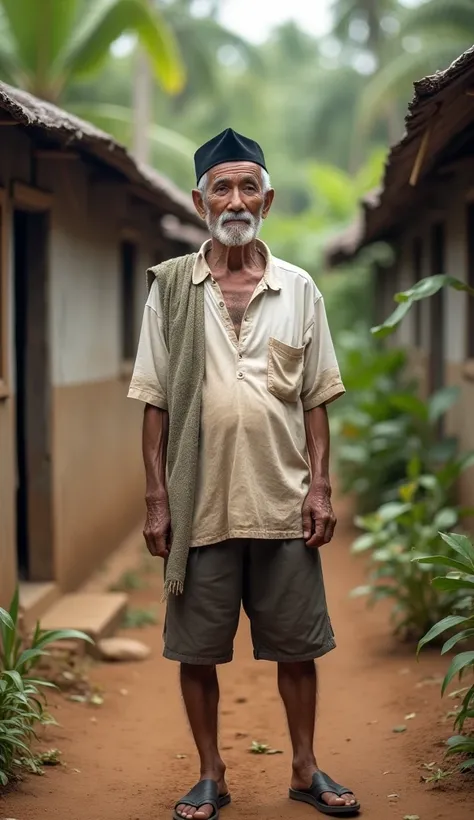 An old man from Aceh, Indonesia, with a short white beard and an aged but wise expression, stands in the middle of a simple village. He is wearing a worn white shirt with faint wrinkles and a sarong draped over his right shoulder. On his head is a traditio...