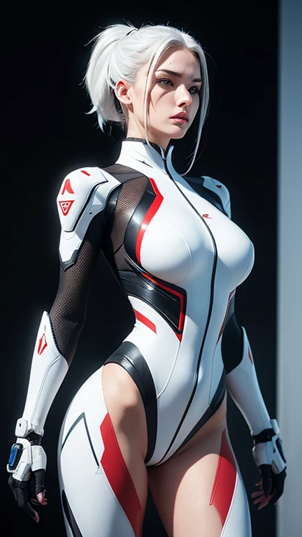 A futuristic cybernetic assassin, standing confidently in a sleek, white armored bodysuit with red and black accents. Her suit seamlessly integrates advanced robotics with a human physique, featuring mechanical joints and exposed cybernetic components on h...