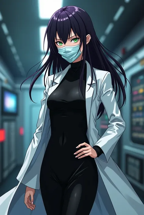 Anime style 
Woman
Human
45 years old 
White surgical mask 
White mask
Evil eyes 
Evil smile 
Villain
White coat
Evil scientist 
Long hair 
Loose hair 
Dr. Anya Nox has black hair with dark purple streaks, piercing green eyes, and always dresses in an eleg...