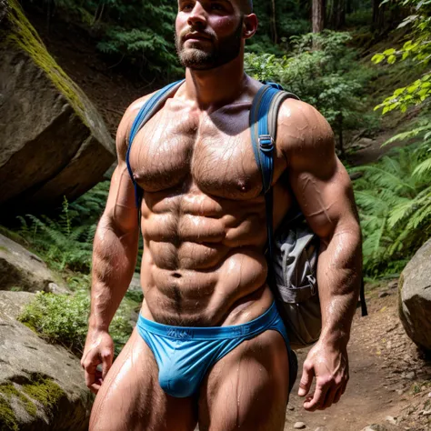 hot muscular stud wearing skimpy tight thong, 28 years old, detailed large bulge, hiking, backpack, beautifull face, hairy chest, hairy legs, sweaty, wet, buzzcut