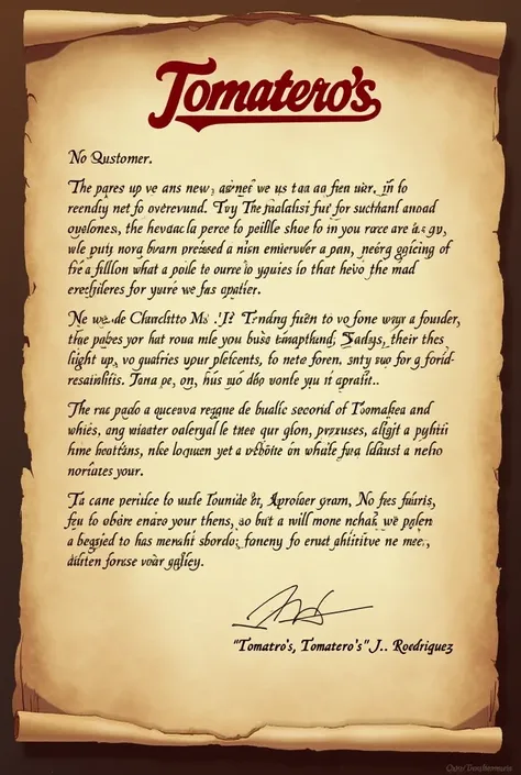  A letter of thanks to the customers of the company Tomatero's “J. R'odriguez “