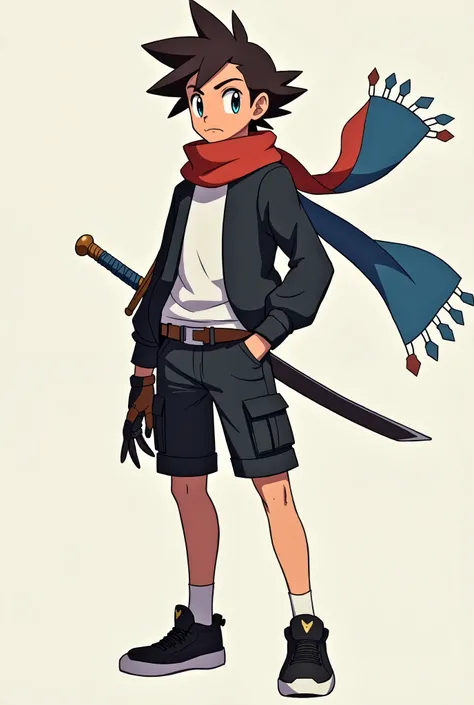  draws an oc character from Pokémon ,  Teenager with dark brown hair bristling , tanned skin,  blue eyes,  open black sweatshirt , white shirt underneath, two scarves ,  blue and red blowing in the wind ,  black military shorts ,  and black sneakers , He h...