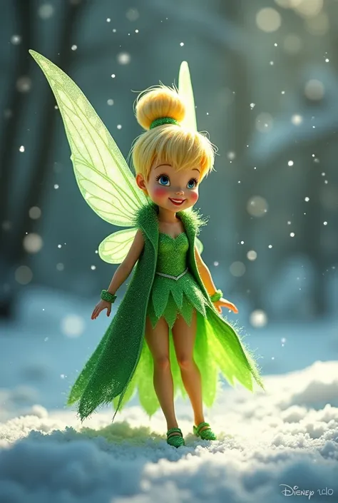 Fée Clochette (Disney) scintillante vêtue dun manteau vert et dune robe verte fourrés dans un décor hivernal. On voit la neige tomber comme de la poussière détoiles.