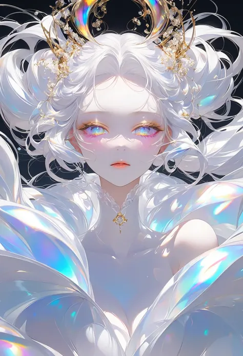 images of world of iridescent pure white, everything is iridescent pure white, method of expression that changes with gradation, cool beauty, long thick eyelashes, captivating large gold eyes, shining glossy silky messy half updo, vivid and seductive expre...