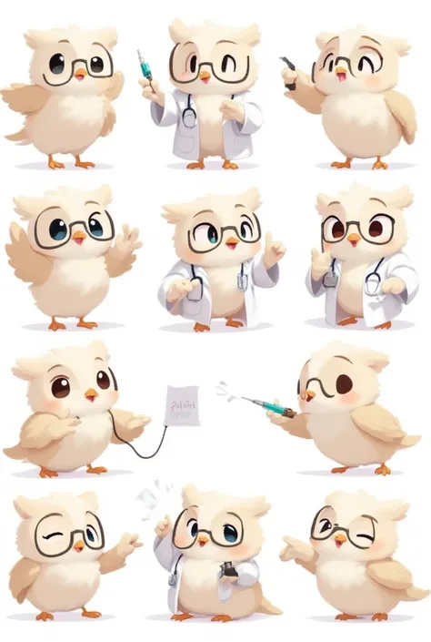 An anthropomorphic light-colored owl anesthesiologist named Som, maintaining its signature wise and professional personality. Som has soft feathers, expressive eyes, and small glasses perched on its beak, wearing a white lab coat and a stethoscope. The cha...