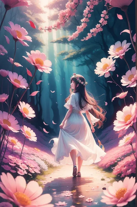 A scene of flowers full of vitality and color。Adopt a dreamlike style of painting，Let the sea of flowers exude a mysterious and charming atmosphere。In this sea of flowers，All kinds of flowers are blooming，As beautiful as walking out of a fairy tale。Under t...