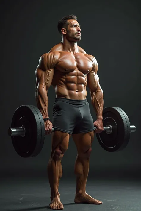 . I want to take pictures with the following characteristics 
The picture shows a strong male figure performing a weight lifting exercise (Deadlift). 

###  Description :

- ** skin color **: البشرة لونها فاتح، مع تفاصيل دقيقة تبرز Muscles.
- **Muscles**: ...