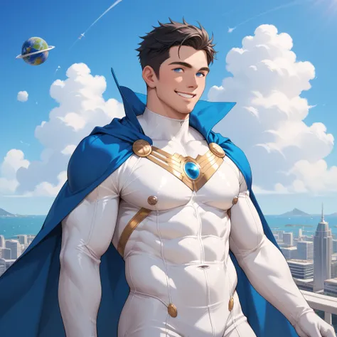 a superhero aged 30 to 35, mature face, adult face, alone, black hair, short hair, blue eyes, male, mature man, muscular, white jumpsuit, blue swimsuit, cape, blue cape, planet symbol, jumpsuit planet beautiful sky beautiful city, smiling