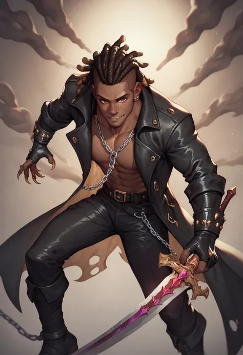  Swordmancer young brown man ,   dreadlock white color ,   black leather trench coat and metal armor parts.  Claw gauntlet .  Elemental Sword .   Aura of magic and smoke around her .  Chains hanging from their arms  