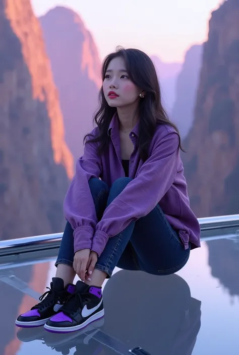  Korean beauty wearing purple flannel shirt ,,eok long purih jeans ,, sitting on glass bridge wearing Jordan shoes black purple beautiful view below 