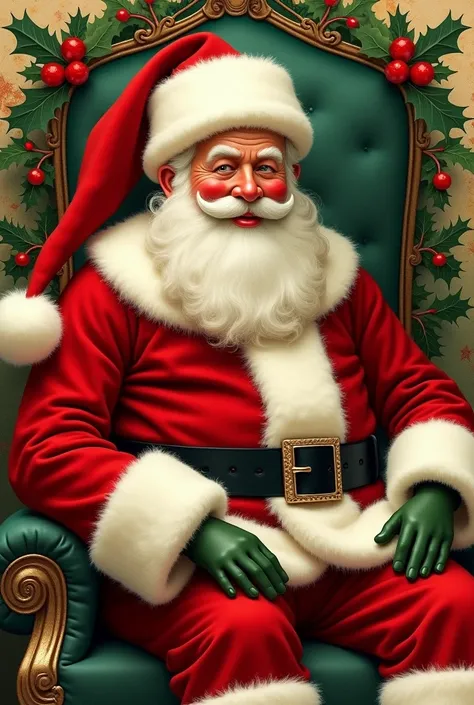  We Happy Santa Claus ,  reminiscent of Norman Rockwells iconic style ,  sits comfortably in a rustic ,  ornate chair ,  surrounded by festive holly and evergreen branches ,  on a vintage-style Christmas card with shabby ,  parchment-like texture and subtl...