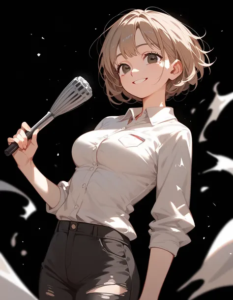 girl, light brown hair ,,Short hair, in black eyes,Round eyes , medium breasts,Black hair bowler , shirt with sleeves folded on one side, long on one side,Torn pants,cool,Working age , black background,Wicked smile ,mafia