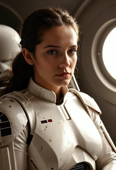 Star Wars, Sexy Female Stormtrooper (Cheryl Cole), on the death star, relaxing in her Dormitory after a hard day,  detailed, Photorealistic, high resolution, 8k, photorealistic, hyper detailed, intricate details, dramatic lighting, cinematic composition