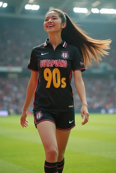 Long-range photography, action freestyle, In football sportswear, a dark black polo shirt with a bright print, a large graphic print, the words,"BUTAPUANG 90s,",  dress, Tight body sports pants ,  is the action on a modern football field., Wiggle your hand...