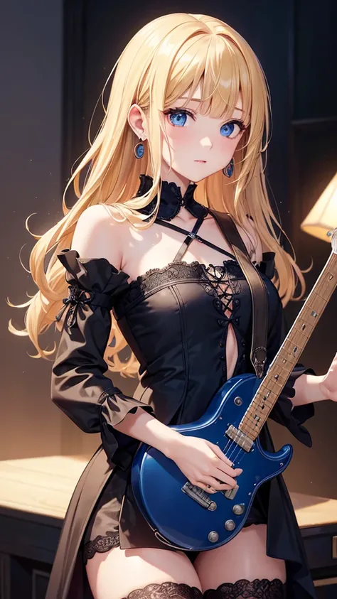 (( top quality )),( super high res),Im playing the bands drums,Woman in her 40s with a mature face 、 Gothic Style Clothes、 highly detailed CG unity 8k 、 earrings for women with first name, Blonde, Curly Hair,  dull bangs,  Straight Bangs ,  blue eyes,  whi...