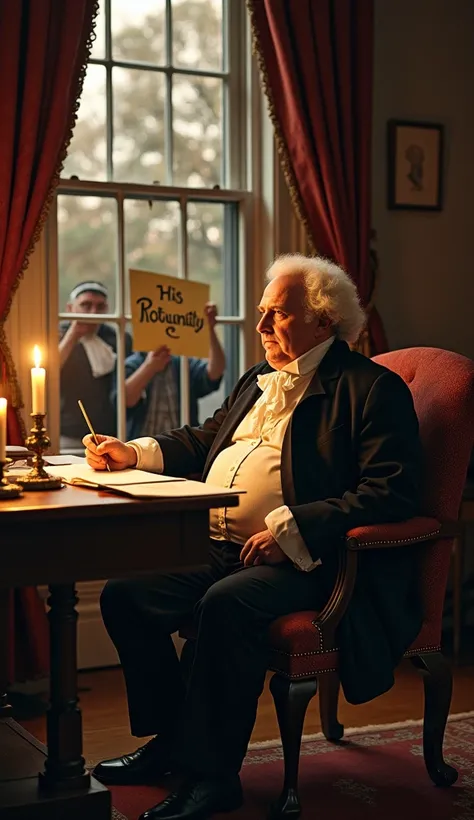 "A portly John Adams sitting at a desk in a candlelit study. Papers and a quill are scattered before him. Opponents in colonial-era clothing outside a window are mocking him, holding up signs that read His Rotundity in exaggerated, fanciful script."