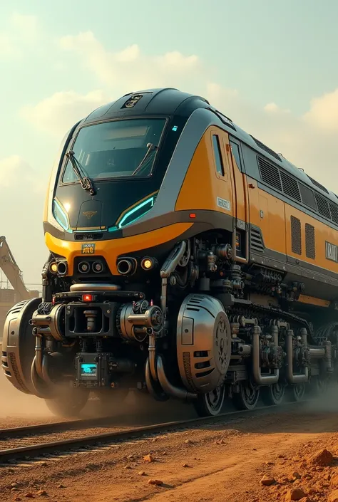 Imagine a futuristic scene where a powerful, high-tech train seamlessly merges with a giant Caterpillar excavator. The front of the train transforms into a massive, mechanical arm with giant wheels that merge with the Caterpillar’s treads. The train’s slee...