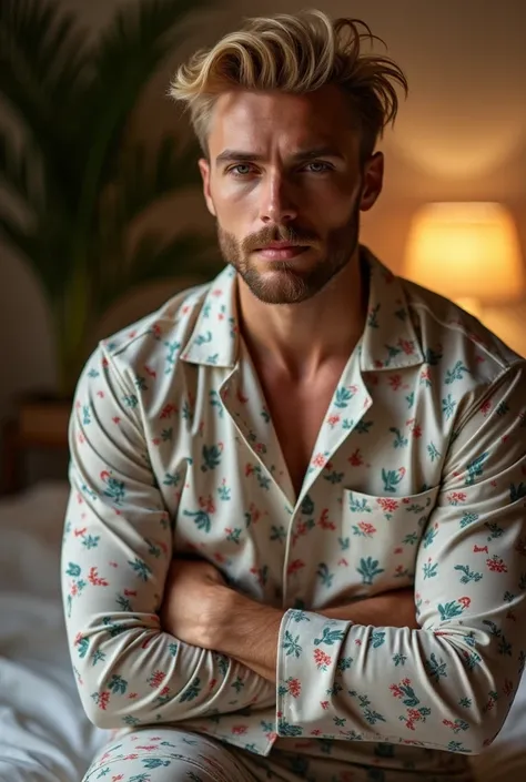 blond man, attractive guy with well-groomed beard , Wear a chick print pajamas