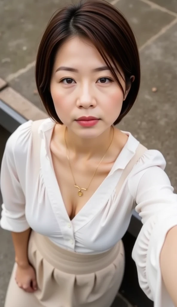 ( best quality, 8k, 32K, masterpiece,  ultra high resolution:1.2),A beautiful womans Selfie photo, 45 year old housewife,  very short bob hair, upper body, face focus , blouse,  long skirt,  emphasizes cleavage,  Necklaces ,  simple background, looks up to...