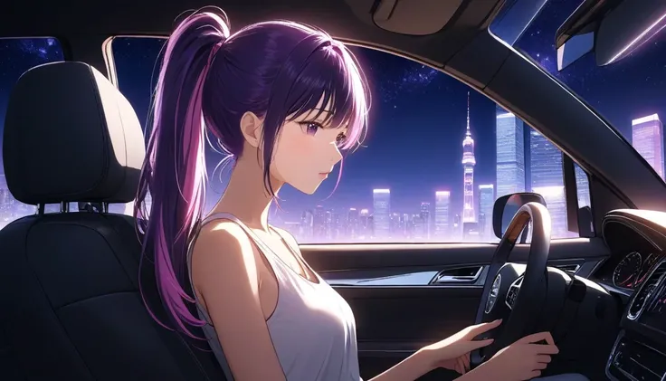 "An anime-style a woman with long purple hair and pink highlights tied in a ponytail, sitting in the drivers seat of a car. The angle is from the front passenger seat, capturing her side profile with a clear view of her face, softly illuminated by the glow...