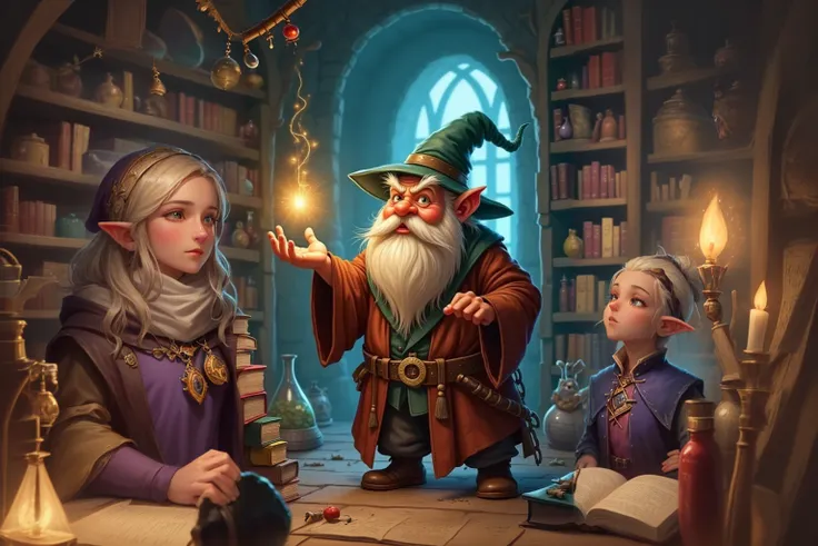 a close up of a cartoon gnome holding a light in a library, an alchemist gnome, spell casting wizard, wizard casting a spell, an arcane wizard casting a spell, gnome illusionist, evil alchemist gnome, portrait of a wizard, wizards laboratory, fantasy alche...