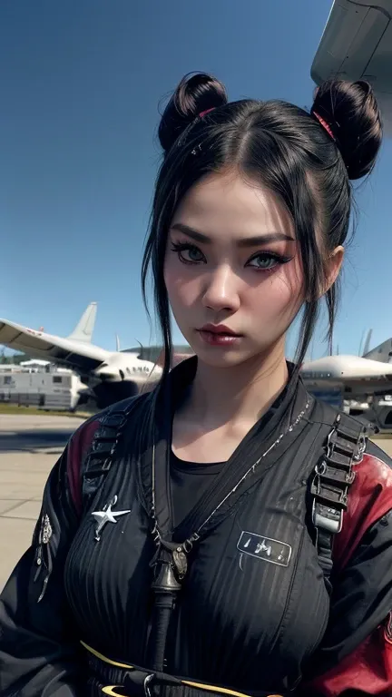 ((( American plane)))､ japanese girl､   gothic makeup ､  hair tied up ､ ((( perfect face)))､ looking at the viewer from the front､  Gwai-style art、Rostran 8 K、Artstation Pixivのグワイツ、 (((  American plane)))､  american plane
