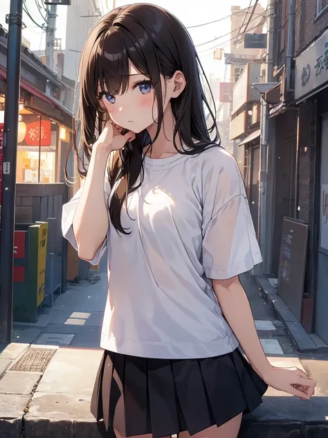 1girl,  small breasts,white tee shirt,black skirt
face close-up,I can see the side,Hi-Res、masterwork、Chizuru Ichinose、Brown hair、i&#39;m、Female one、outside of house、Detailed background、A detailed eye、（（brown-eyed））,Beautiful and perfect legs, Clean and per...