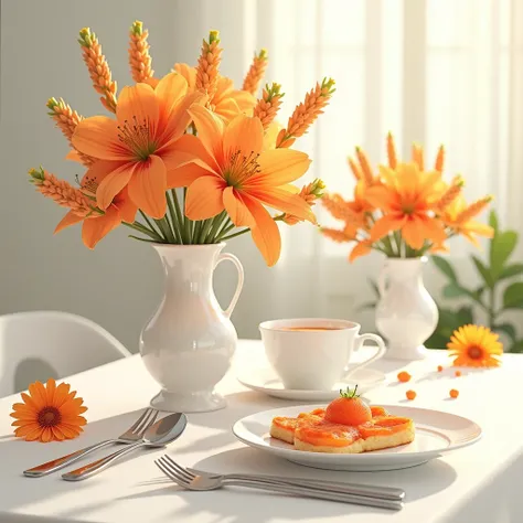  top quality ,  Ultra Fine,  High Details, Delicious breakfast 、 orange flowers and vases、