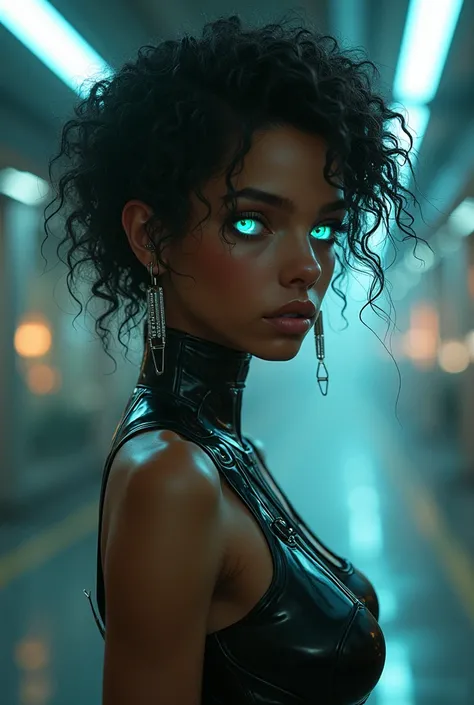 Physical Appearance: cyber punk style full body A slender young woman with deep brown skin, silver streaks in her curly black hair, and glowing teal eyes that intensify when she uses her powers.

